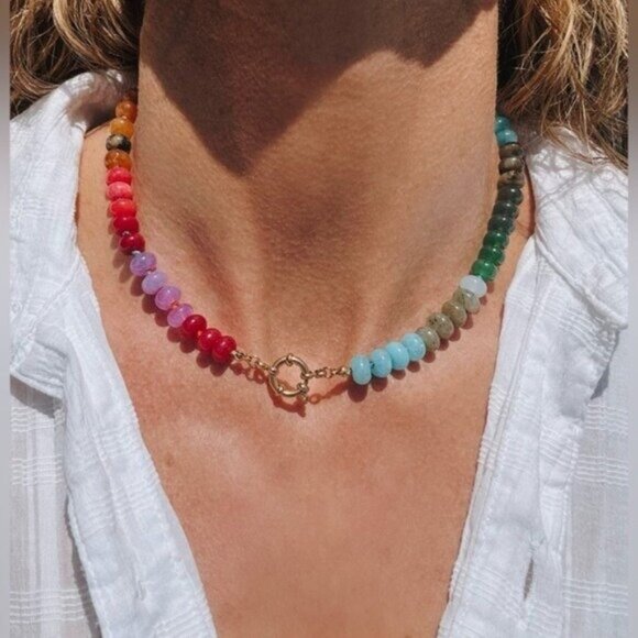 Chunky Beaded Choker waterproof Gold Charm Clasp Colorful Gemstone Necklace CUTE - Picture 1 of 12